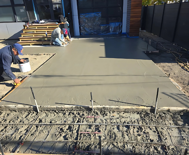 Construction workers leveling and smoothing freshly poured concrete for a new driveway in front of a modern home.