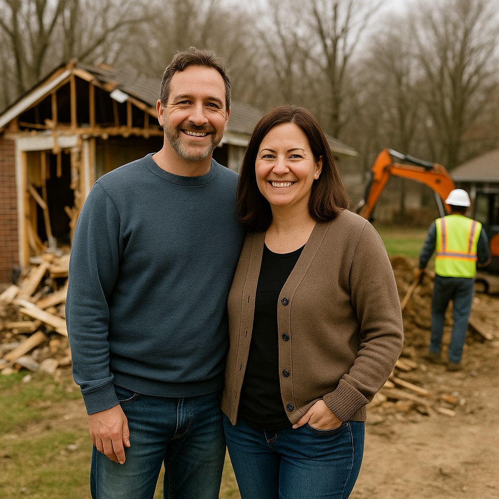 Smiling middle-aged couple standing in front of a partially demolished house in Cleveland.